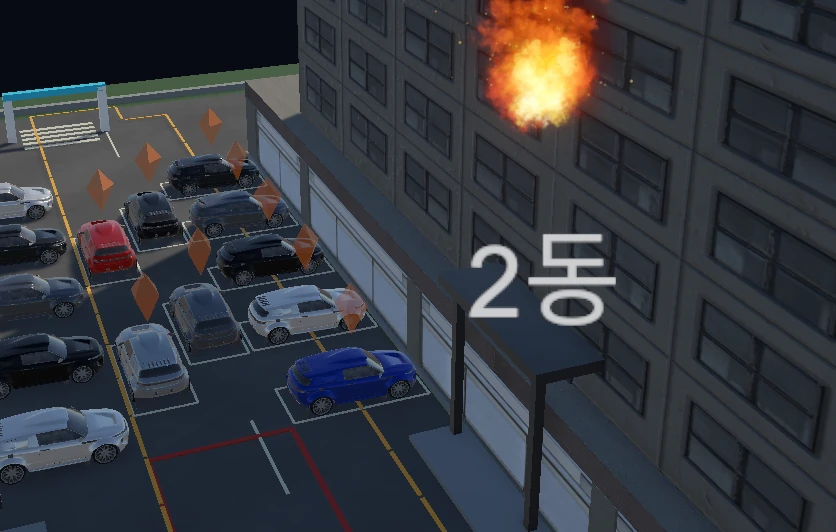 차량과 로봇이 배치된 골목에서 비상 접근로를 확보하는 Unity 시뮬레이션